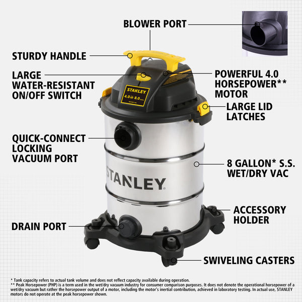 Stanley SL18117 Wet/Dry Vacuum, 8 Gallon, 4 Horsepower, 4.0 HP, Silver