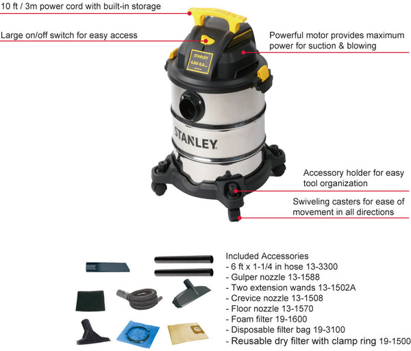 SL18116 Stanley Stainless Steel Wet/Dry Vacuum 6 gallon, 4.5 Peak H