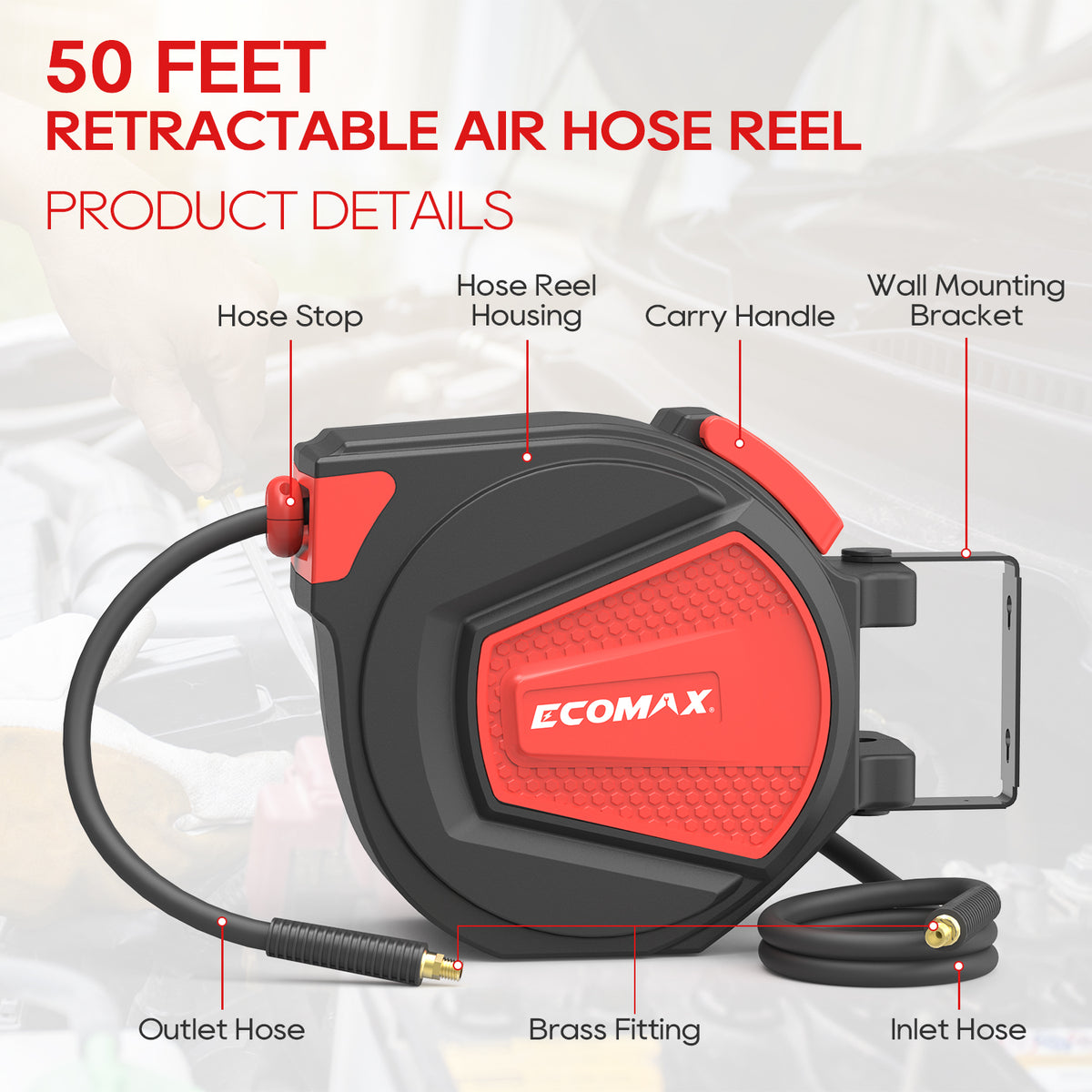 Ecomax 50ft Retractable Air Hose Reel