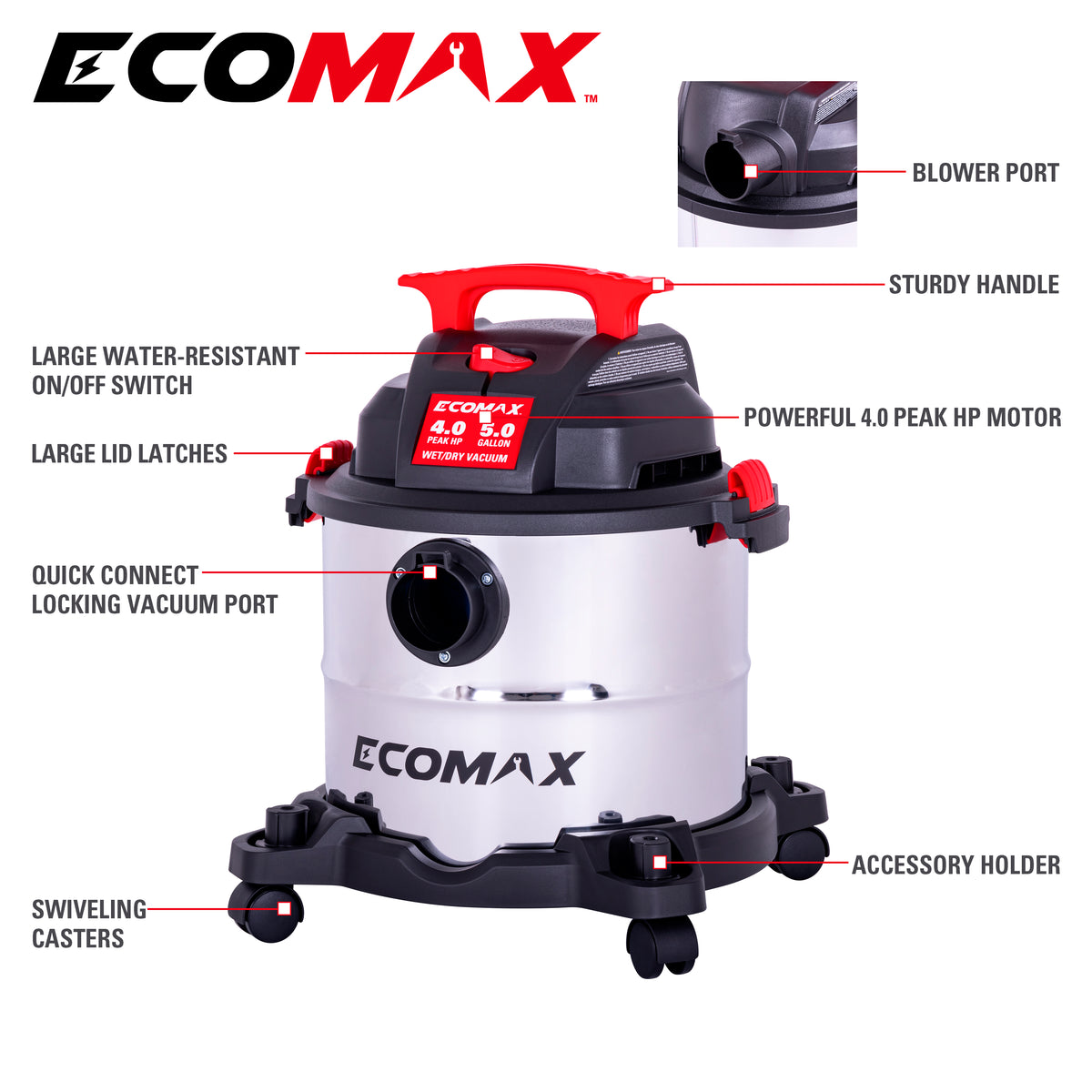 Ecomax 5 Gallon Stainless Steel Wet/Dry Vacuum