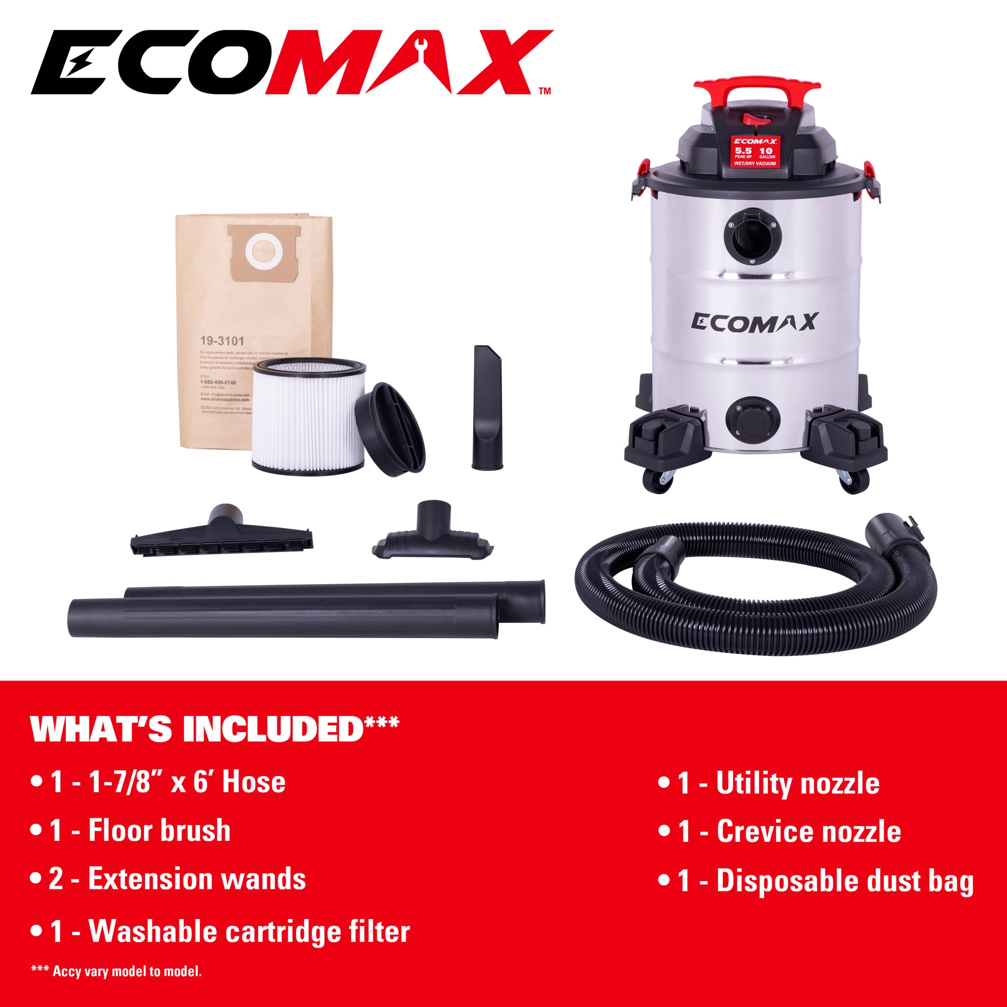 Ecomax 10 Gal 5.5HP Stainless Steel Vac - Alton Industry Limited Group