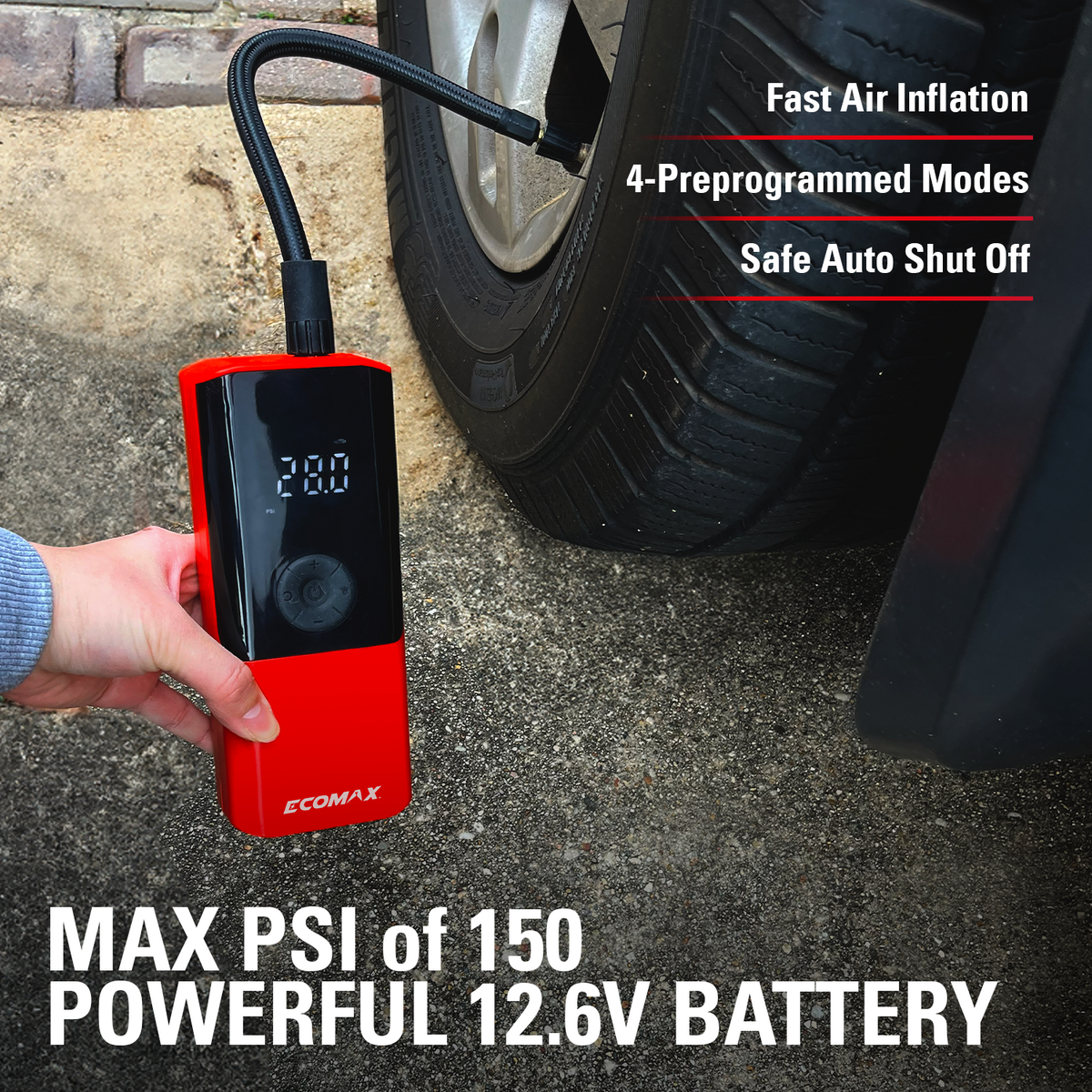 Ecomax 12.6 Volt Portable Digital Cordless Inflator for Tires up to 150 PSI with Auto-Stop