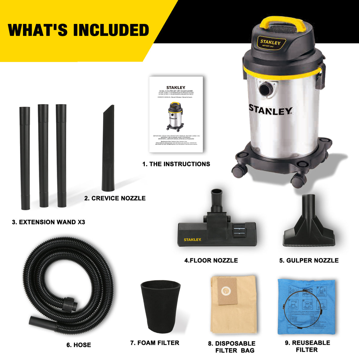 SL18129 Stanley 4 Gallon Stainless Steel Wet/Dry Vac