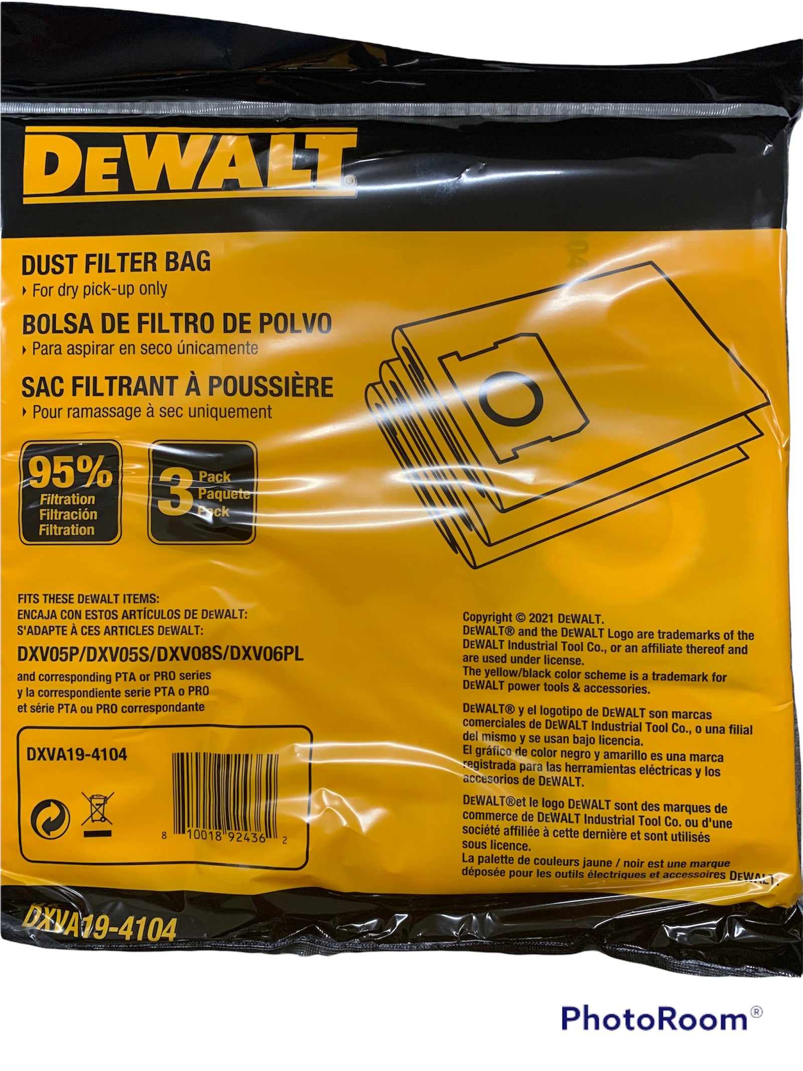 DXVA19-4104 - DeWalt 5 Gallon Disposable Filter Bag (Pack of 3)