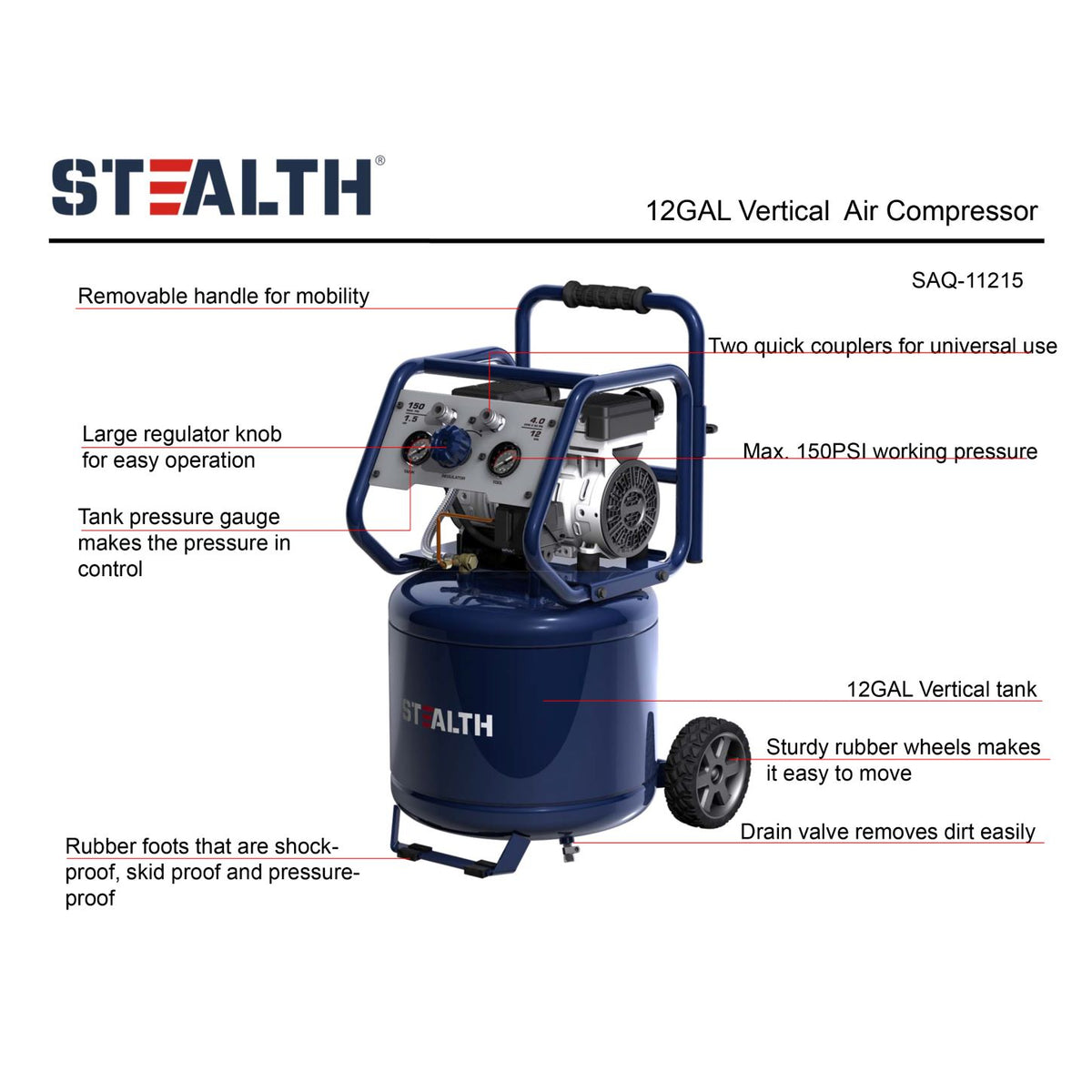 Stealth 12 Gallon Vertical Quiet Air Compressor