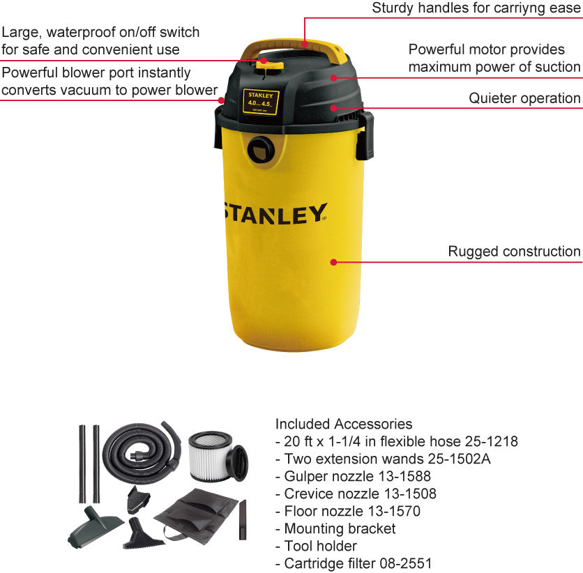 SL18139P - Stanley Wet/Dry Vacuum - 4.0 peak HP, 4.5 Gallon, Poly, Wall Mount